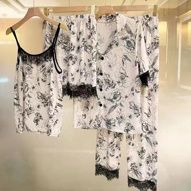 P country trendy four-set large-size women's clothing, girlfriend, little master, second-generation ice silk upgraded version, lace pajamas, women's home pajamas - Mixbatch
