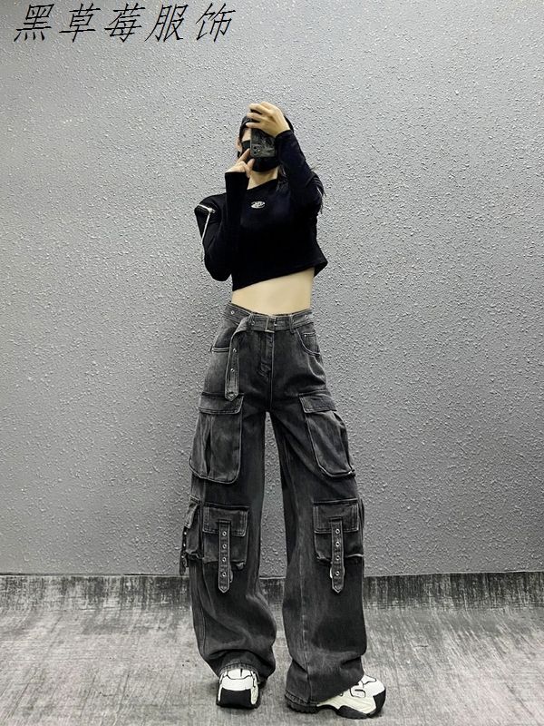 P handsome loose tooling jeans women's spring and autumn new high waist loose and thin versatile straight wide leg mopping pants