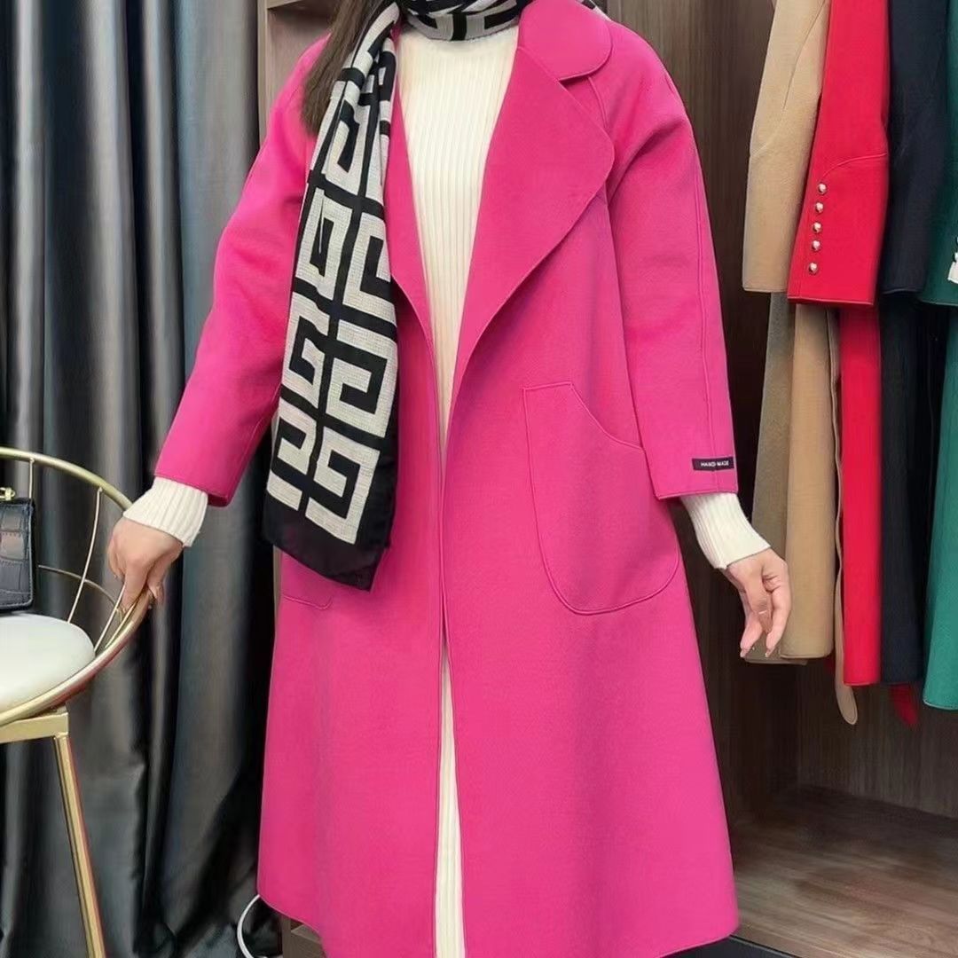 P long double-sided woolen coat fashionable waist woolen coat women's coat trendy coat