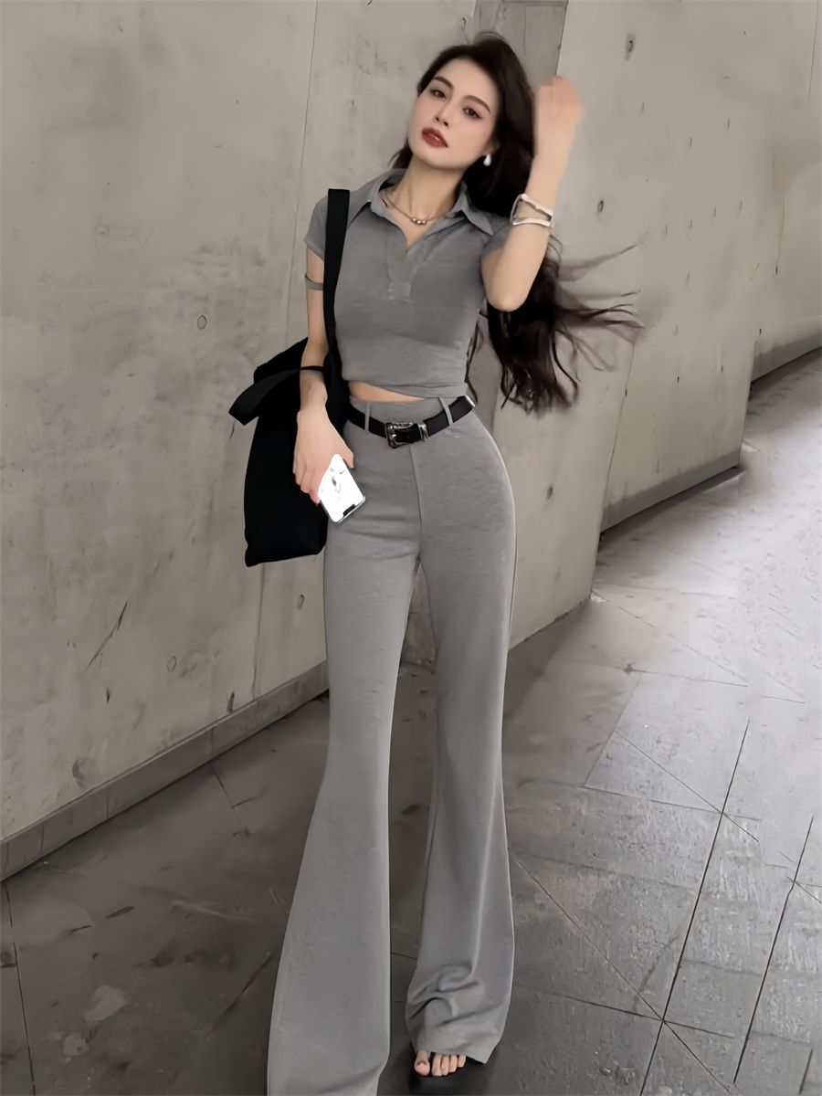 P summer new Spice Girl design short top + high waist and thin pants