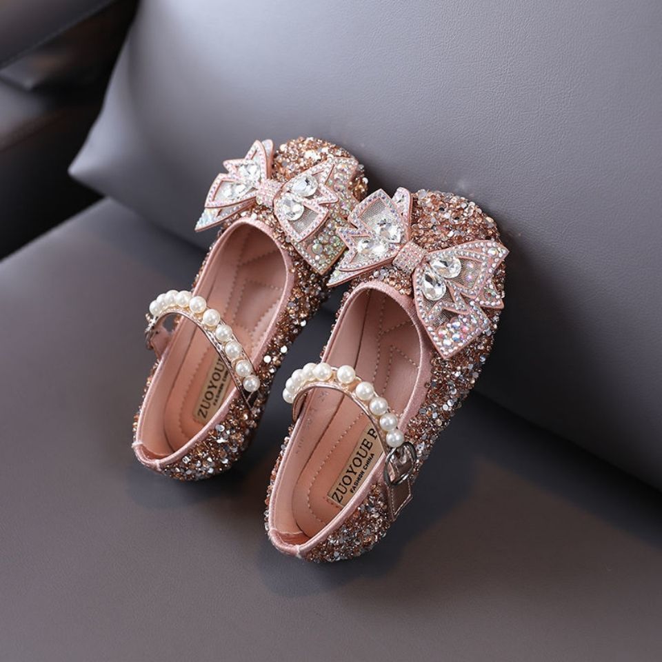 P Fashion Summer Middle School Older Children Soft Flats Spring Leather Shoes Princess Shoes Dance Shoes Crystal Shoes