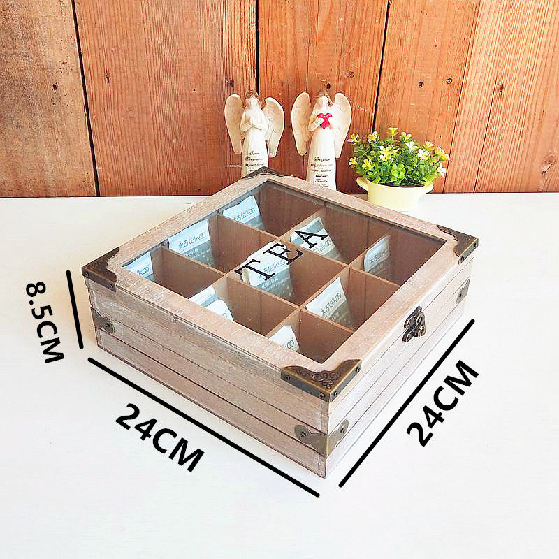 A Nordic retro desktop tea bag box storage box wooden nine-grid tea bag finishing box creative home decoration