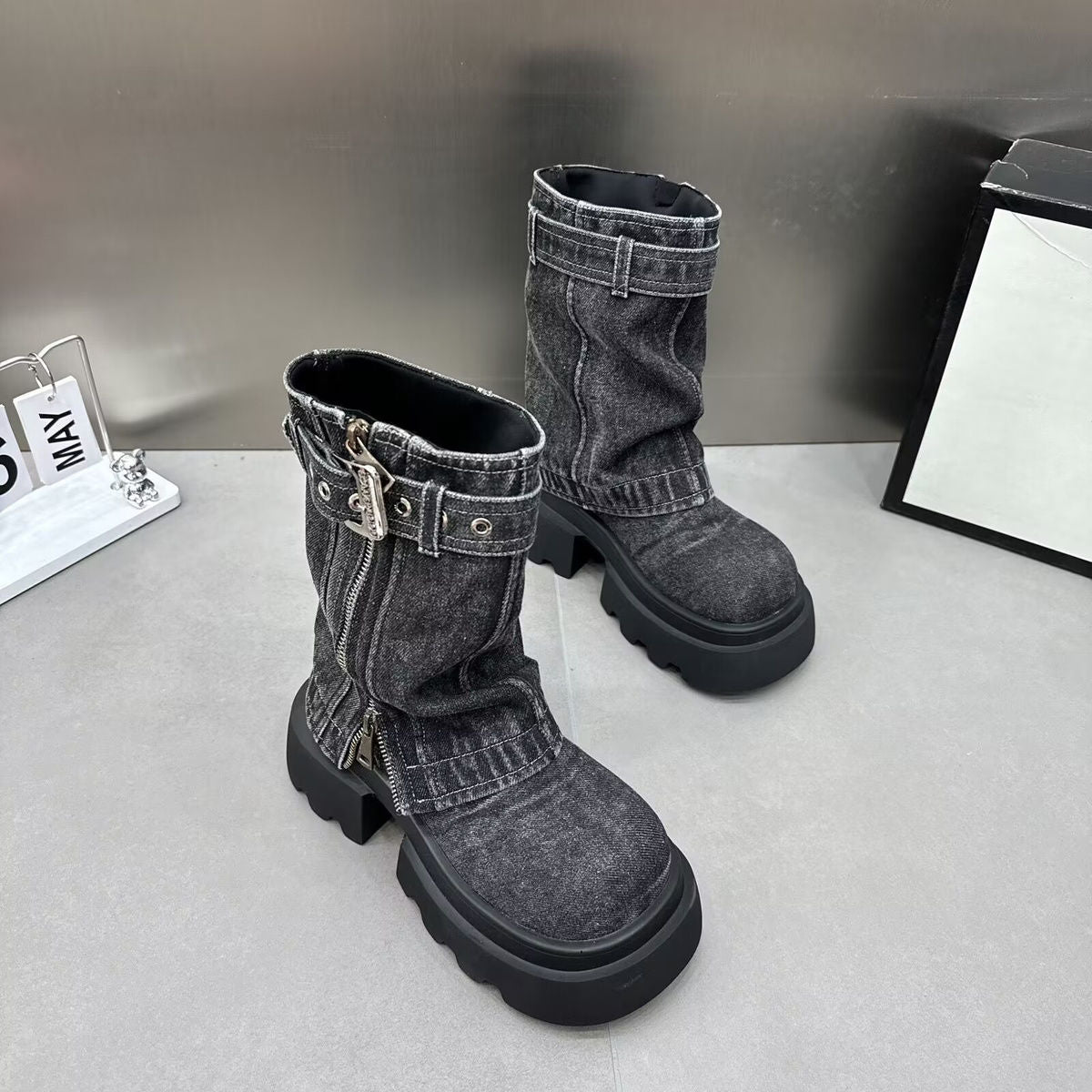 P Martin Boots Denim Fake Two Piece Pile Boots Locomotive Boots Short Boots Spice Girls Zipper Women's Shoes