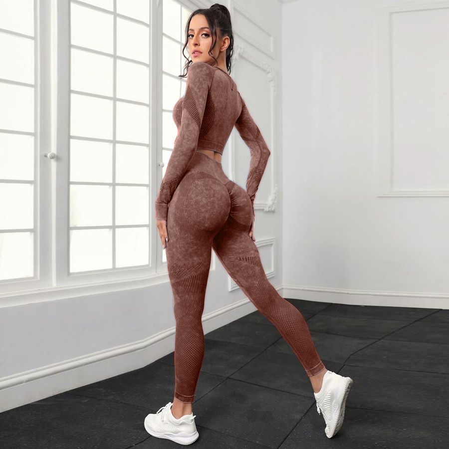 P new fashion washed hip lift high waist sports fitness pants two-piece set mesh tight long sleeve yoga fitness set