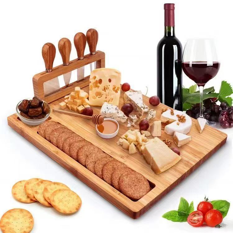 A Bamboo Plate Western Food Outdoor Pizza Plate with Knife Set Cutting Board Convenient Wooden Tray Cheese Board Set