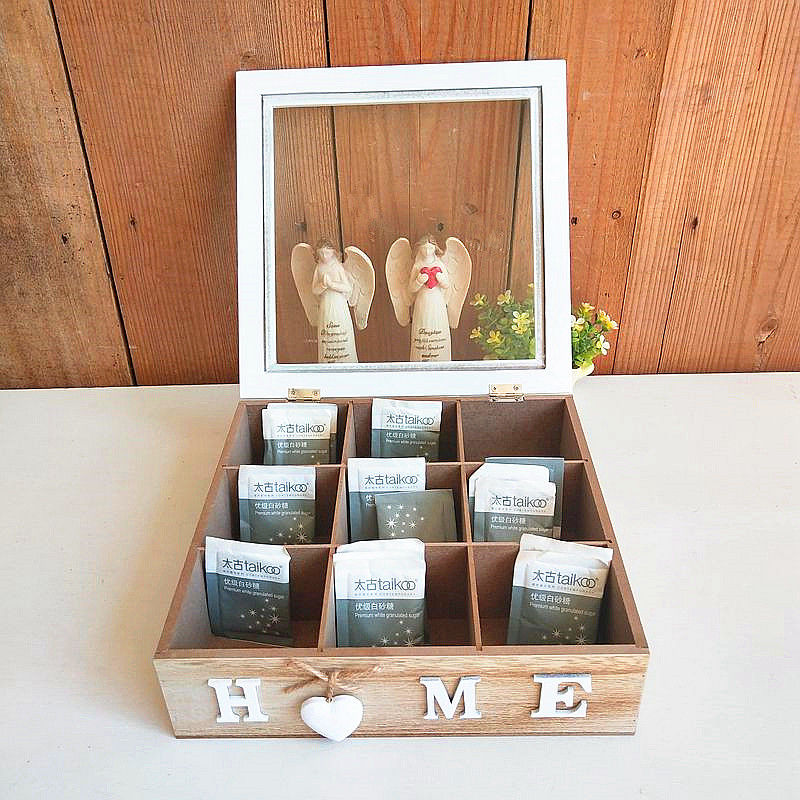 A Nordic retro desktop tea bag box storage box wooden nine-grid tea bag finishing box creative home decoration
