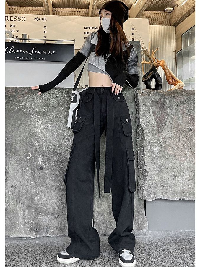 P black American retro denim overalls women's autumn clothing European and American high street vibe niche design wide-leg trousers