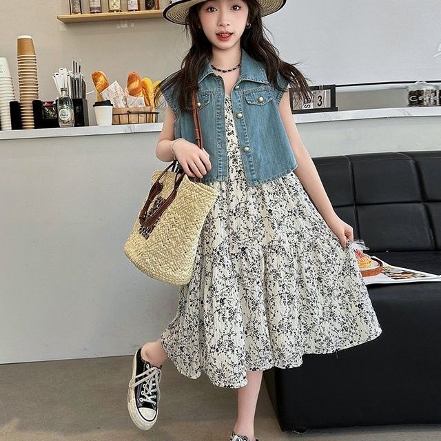 P girls summer summer denim vest two-piece set