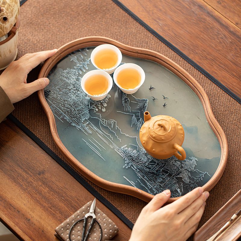 P landscape glass tray retro bamboo dry brewed tea tray fruit snack tray kung fu tea set tea cup storage tray