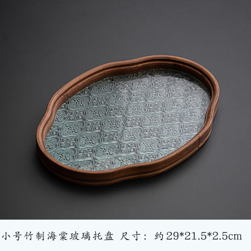 P landscape glass tray retro bamboo dry brewed tea tray fruit snack tray kung fu tea set tea cup storage tray