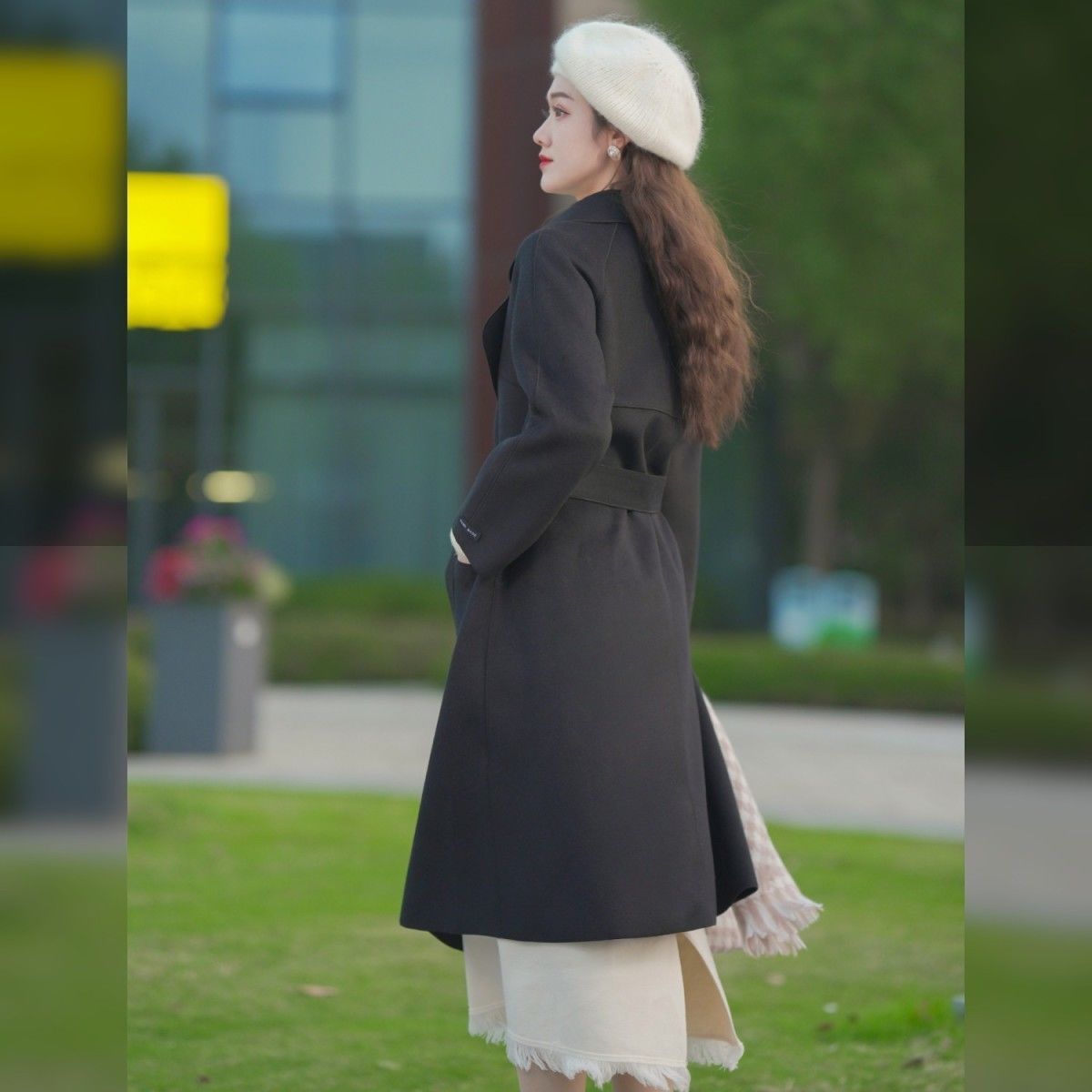 P long double-sided woolen coat fashionable waist woolen coat women's coat trendy coat