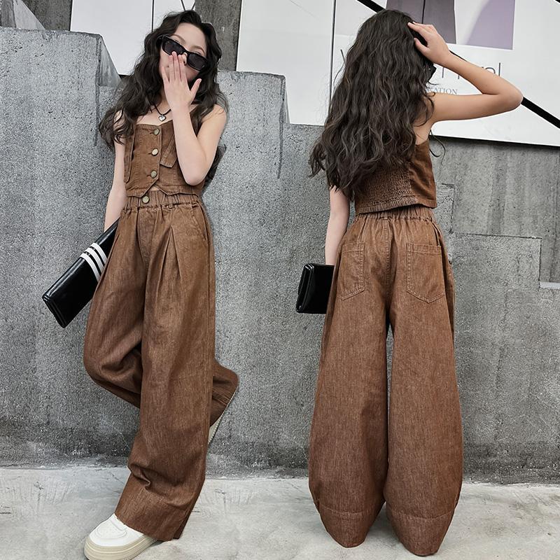 A Korean version of children's denim suit summer middle and old children's foreign style Internet celebrity suspender casual girl wide-leg pants suit
