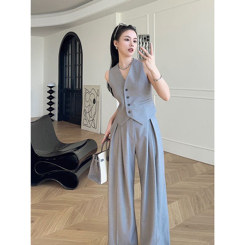 A micro-wide three-dimensional tailoring vest wide-leg pants set - Mixbatch