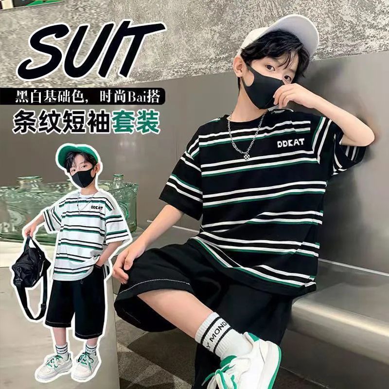 P boys summer short-sleeved set new striped half-sleeved medium and older children loose pure cotton two-piece set Korean version handsome