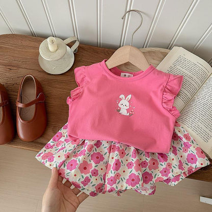 P Summer New Girls Flying Sleeves Short Sleeves T Foreign Style Baby Floral Shorts Two-piece Set 1