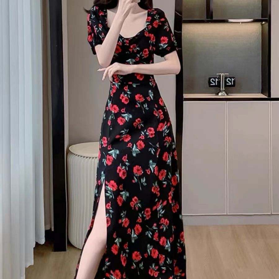 P floral bubble sleeve dress waist long V-neck dress