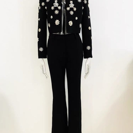 A Heavy Industry Bead Crew Neck Short Fashion Jacket Set Two-piece Premium