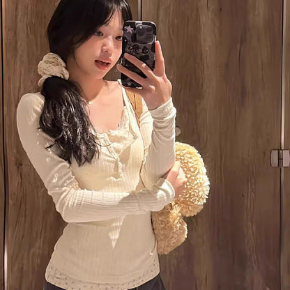 P bm wind pure lace floral fake two long-sleeved t-shirt women's spring autumn and winter inner bottoming shirt tight waist top