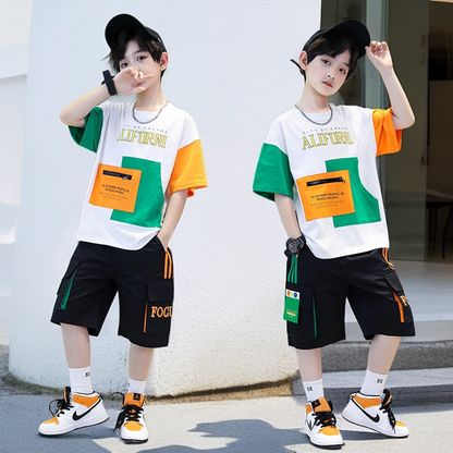 P boys summer suit popular foreign Korean version medium and older boys handsome summer short-sleeved two-piece set for children