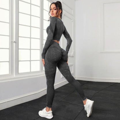 P new fashion washed hip lift high waist sports fitness pants two-piece set mesh tight long sleeve yoga fitness set