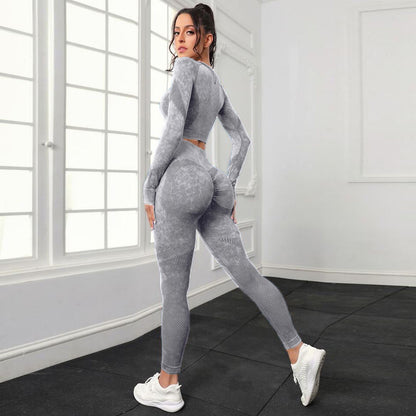 P new fashion washed hip lift high waist sports fitness pants two-piece set mesh tight long sleeve yoga fitness set