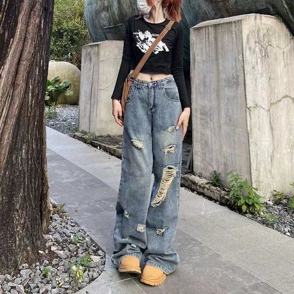 P American vibe ripped wide-leg jeans women's summer Korean version ins high waist and thin loose versatile straight-leg pants tide