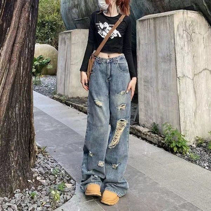 P American vibe ripped wide-leg jeans women's summer Korean version ins high waist and thin loose versatile straight-leg pants tide