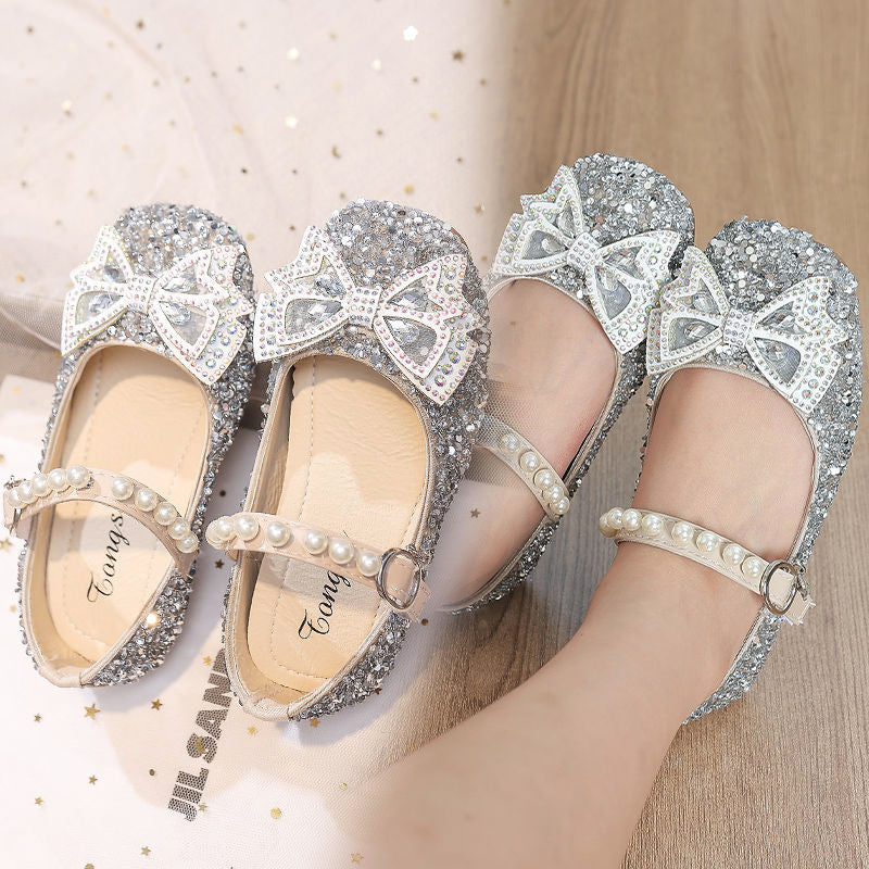 P Fashion Summer Middle School Older Children Soft Flats Spring Leather Shoes Princess Shoes Dance Shoes Crystal Shoes
