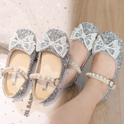 P Fashion Summer Middle School Older Children Soft Flats Spring Leather Shoes Princess Shoes Dance Shoes Crystal Shoes