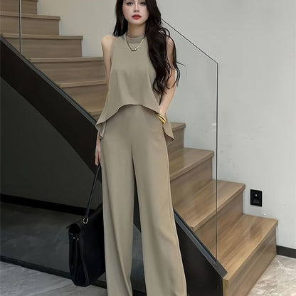 A new high-end neck sleeveless top high-waisted wide-leg pants two-piece set - Mixbatch