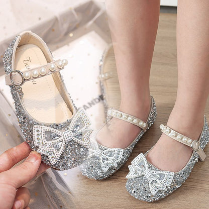 P Fashion Summer Middle School Older Children Soft Flats Spring Leather Shoes Princess Shoes Dance Shoes Crystal Shoes