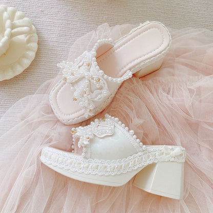 P lolita sweet pearl bow thick root sandals one word with half drag summer sweet cream wind outside slippers
