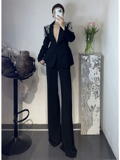 P Korean version of light luxury heavy industry hot diamond suit trousers suit fashion temperament high foreign style two-piece set tide