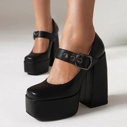 P versatile waterproof table one-word buckle with square head thick heel high heel single shoes hate sky high nightclub women's shoes