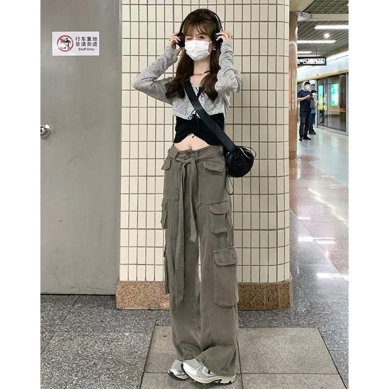 P American retro hip-hop style multi-pocket overalls women's high-waisted and thin floor-mopping jeans loose large-size straight-leg pants
