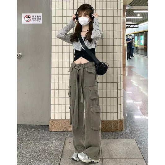 P American retro hip-hop style multi-pocket overalls women's high-waisted and thin floor-mopping jeans loose large-size straight-leg pants