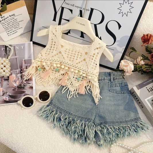 P children's explosive hollow vest sling children's denim shorts three-piece set
