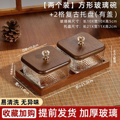 P Bamboo Wood Glass Fruit Snack Plate with Lid