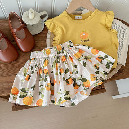 P Summer New Girls Flying Sleeves Short Sleeves T Foreign Style Baby Floral Shorts Two-piece Set 1