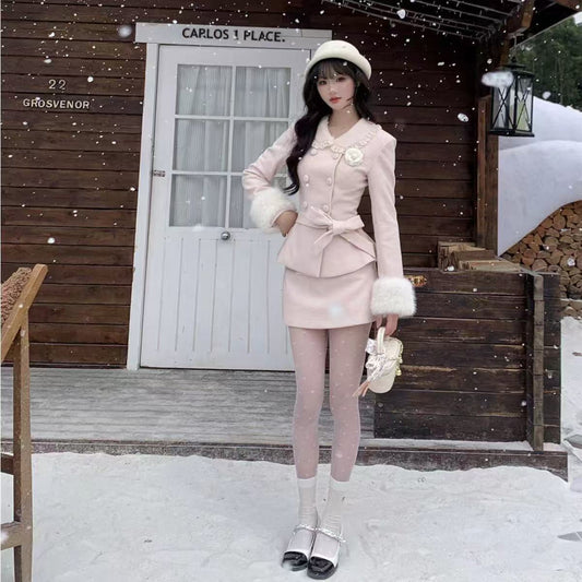 P Bowknot Waist-Cinching Coat and Dress Set
