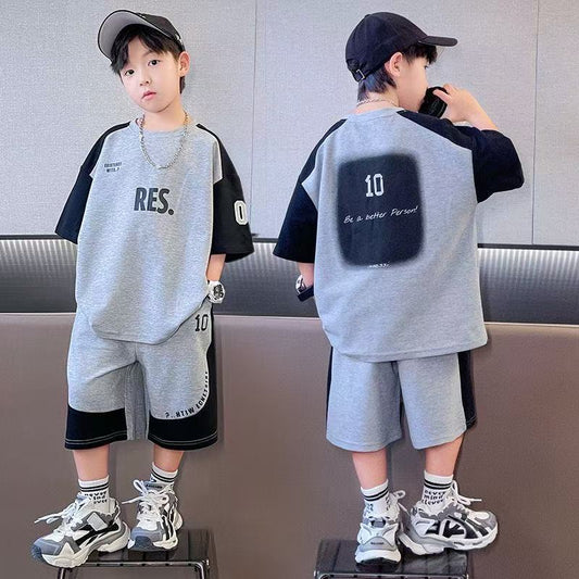 P [Pure Cotton Set] Boys Summer Short Sleeve Set Medium and Older Children's Sports Two-piece Set Boys Handsome Short Sleeve Shorts