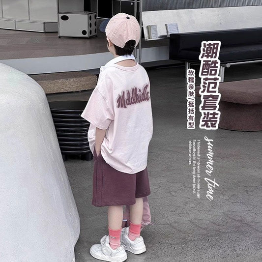 P foreign style new short-sleeved shorts boys handsome summer two-piece set trendy