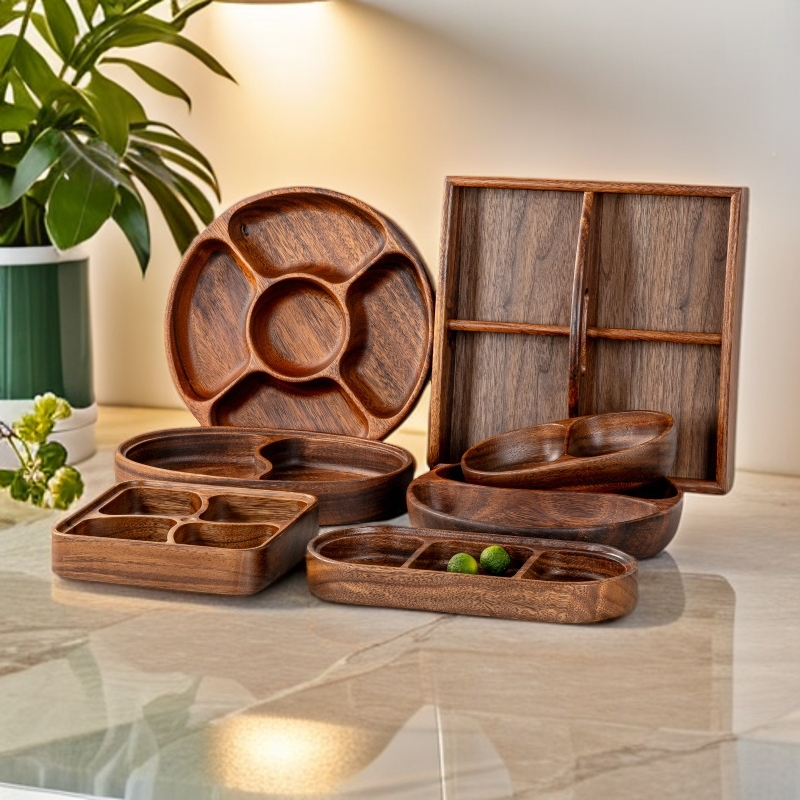 P walnut double grid dried fruit plate multi grid round fruit snack plate