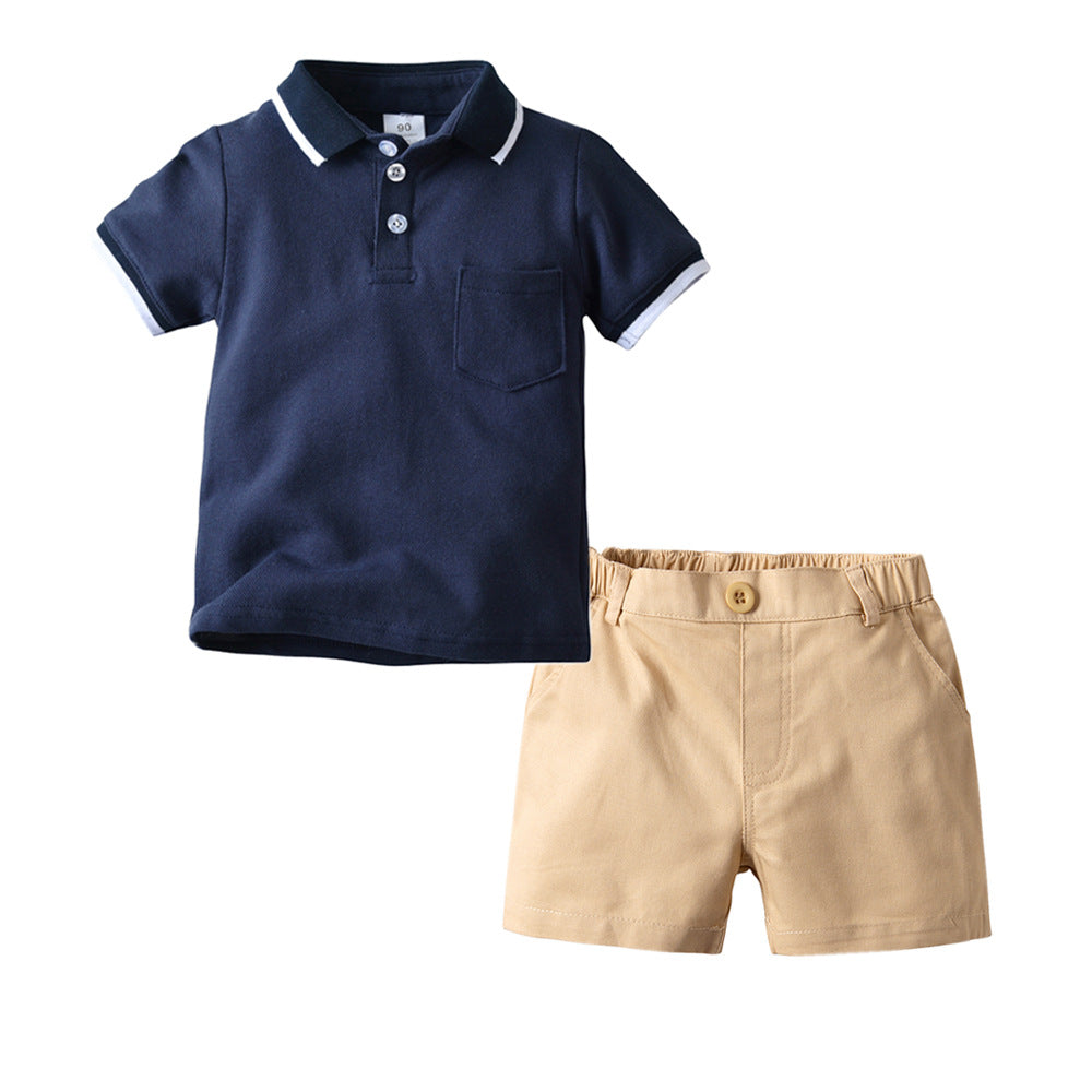 A white short-sleeved polo shirt woven shorts two-piece set summer lapel T-shirt shorts - Mixbatch