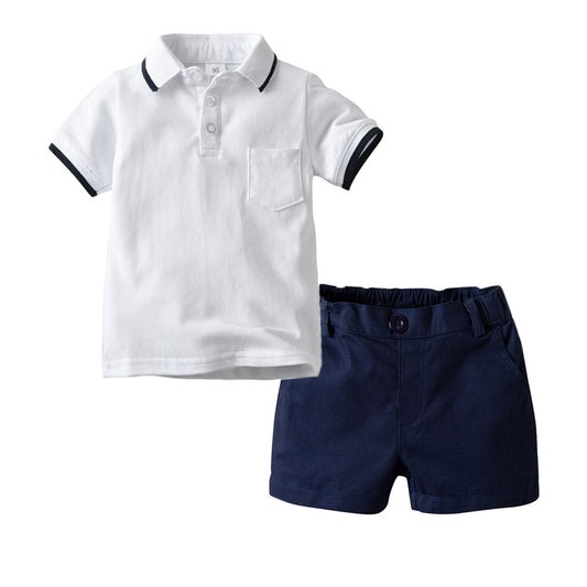 A white short-sleeved polo shirt woven shorts two-piece set summer lapel T-shirt shorts - Mixbatch