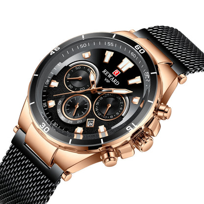 A 82003 Calendar Watch, Mesh Strap Watch, Waterproof Six-Pin Multifunctional Quartz Watch, Business Men's Watch