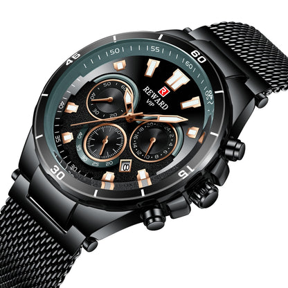 A 82003 Calendar Watch, Mesh Strap Watch, Waterproof Six-Pin Multifunctional Quartz Watch, Business Men's Watch