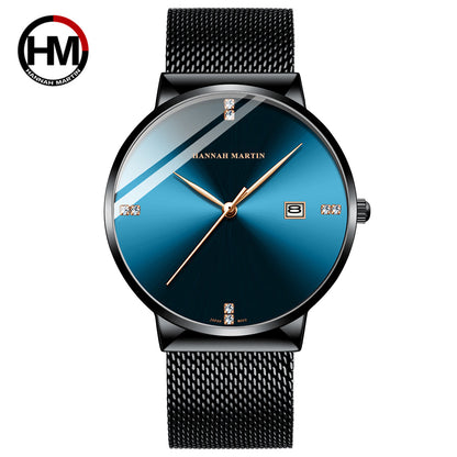 A Japanese movement with diamond blue light calendar men's business waterproof watch watch with diamond simple quartz watch