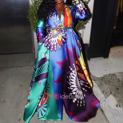 A European and American printed contrasting color dress, big swing dress, belt.