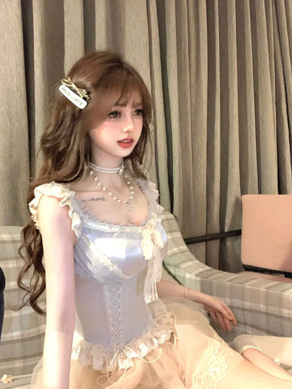 P A complete set of women's French lace bow splicing design top fluffy skirt set